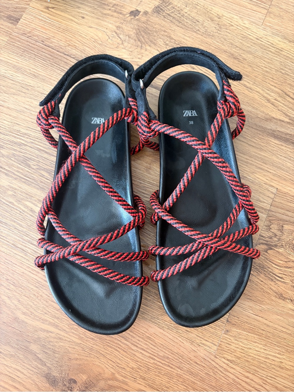 ZARA Black Sandals with Red Rope Crisscross Straps - Picture 1 of 5